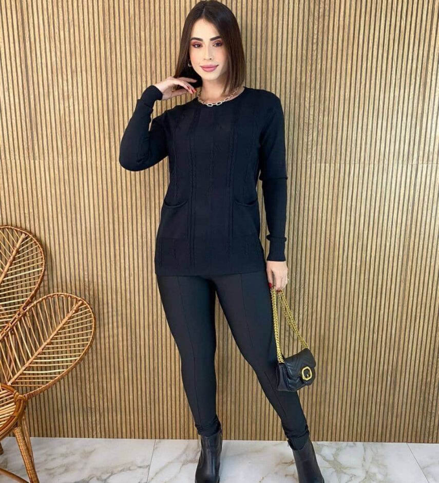 Blusa Feminina Modal Manga Longa Mila com Bolsos Preta - Fernanda Ramos Store