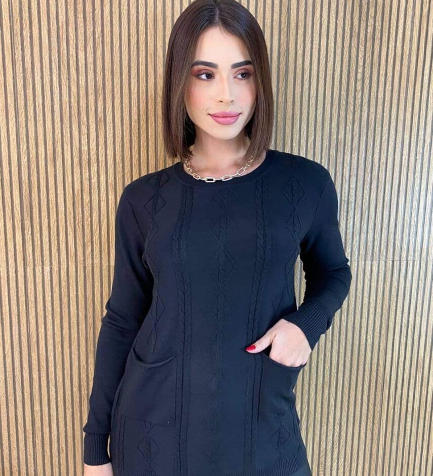 Blusa Feminina Modal Manga Longa Mila com Bolsos Preta - Fernanda Ramos Store