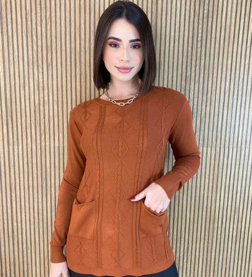 Blusa Feminina Modal Manga Longa Mila com Bolsos Terracota Fernanda Ramos Store