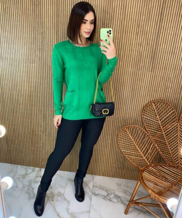 Blusa Feminina Modal Manga Longa Mila com Bolsos Verde - Fernanda Ramos Store