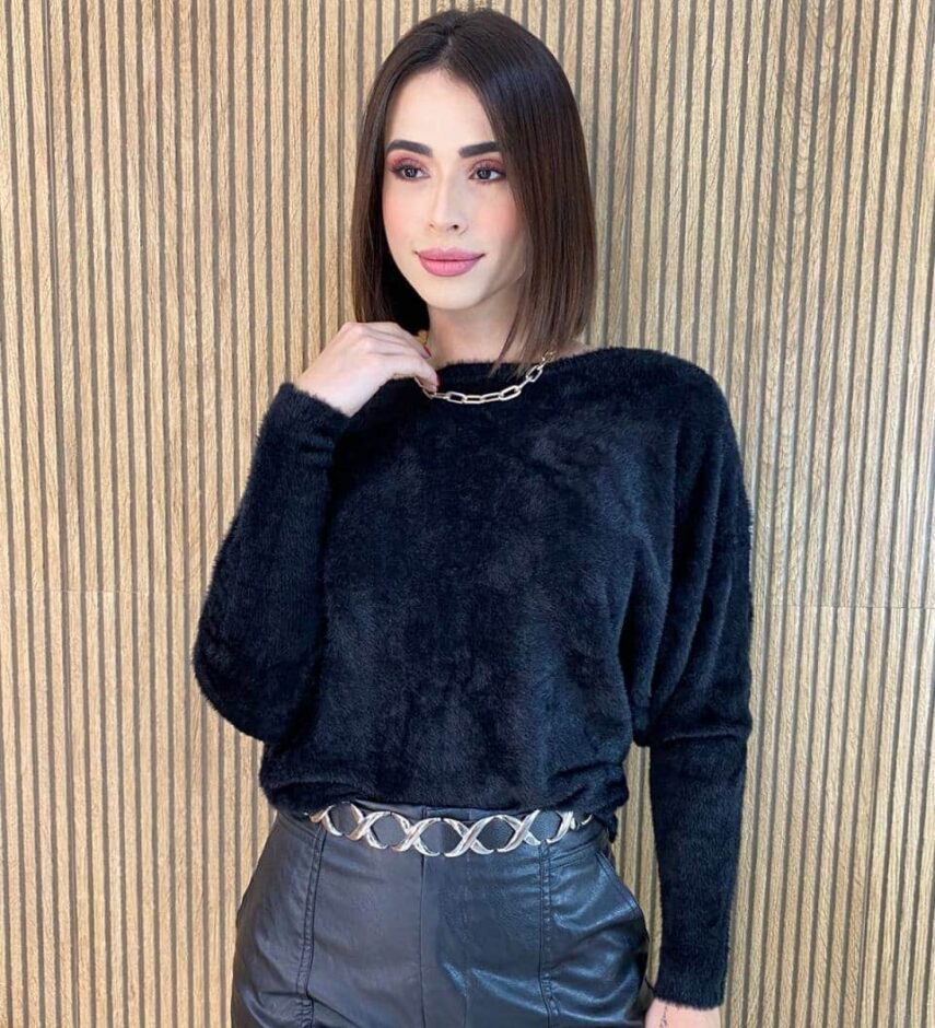 Blusa Feminina Modal Manga Longa Nina Pelinhos Preta - Fernanda Ramos Store