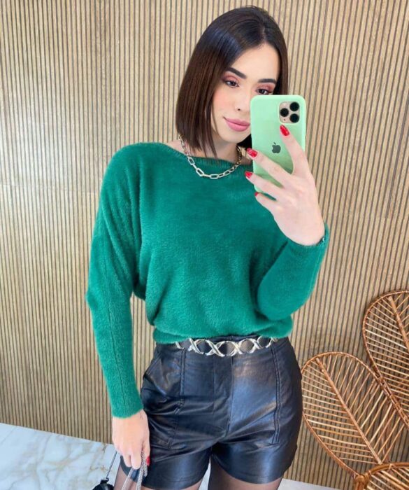 Blusa Feminina Modal Manga Longa Nina Pelinhos Verde - Fernanda Ramos Store