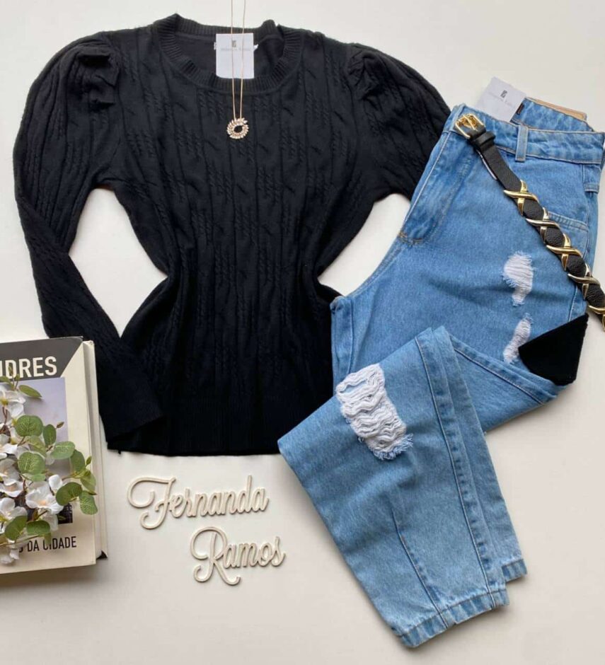 Blusa Feminina Modal Manga Princesa Isa Preto Fernanda Ramos Store