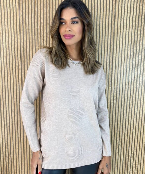 Blusa Manga Longa Feminina Modal Corações com Bolsos Bege Fernanda Ramos Store