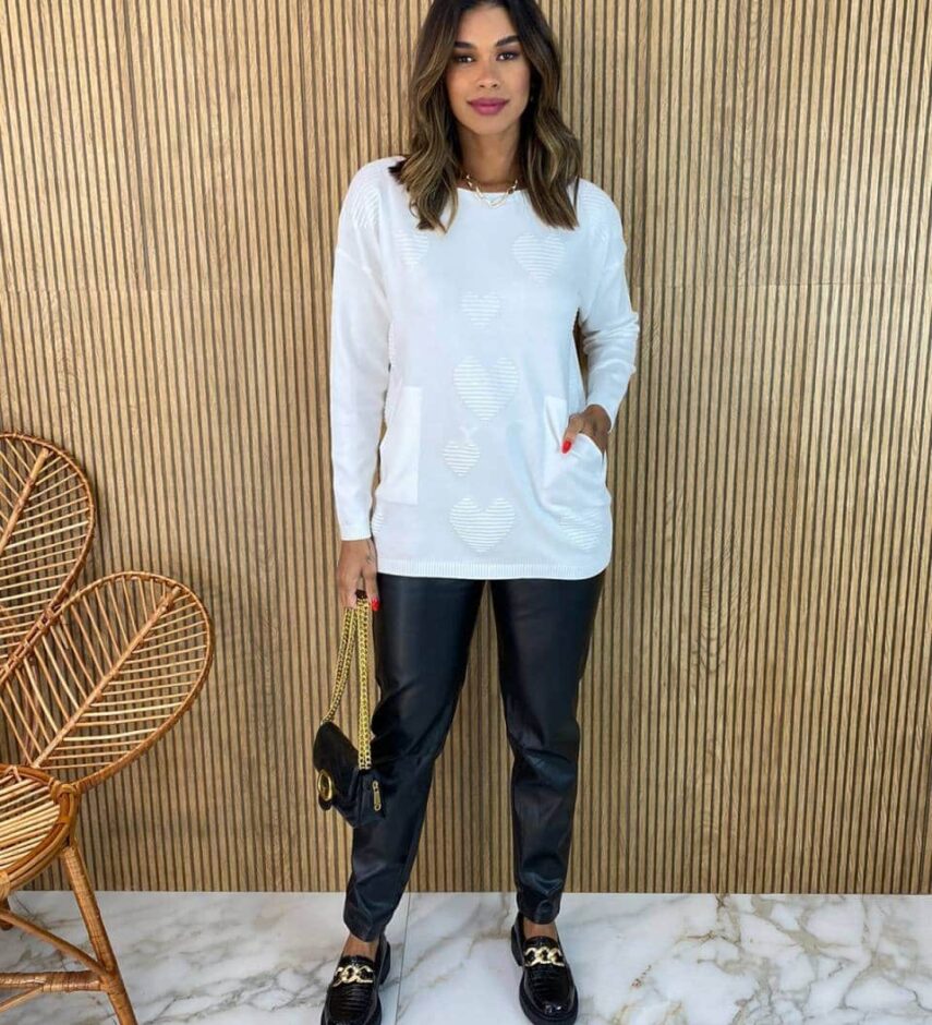 Blusa Manga Longa Feminina Modal Corações com Bolsos Branca - Fernanda Ramos Store