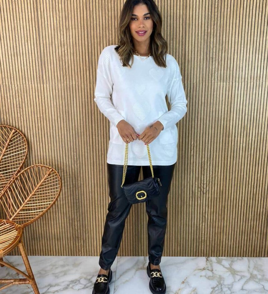 Blusa Manga Longa Feminina Modal Corações com Bolsos Branca - Fernanda Ramos Store