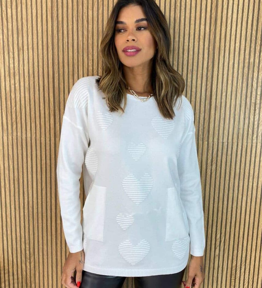 Blusa Manga Longa Feminina Modal Corações com Bolsos Branca - Fernanda Ramos Store