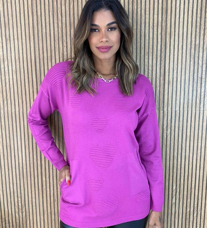 Blusa Manga Longa Feminina Modal Corações com Bolsos Fúcsia Fernanda Ramos Store