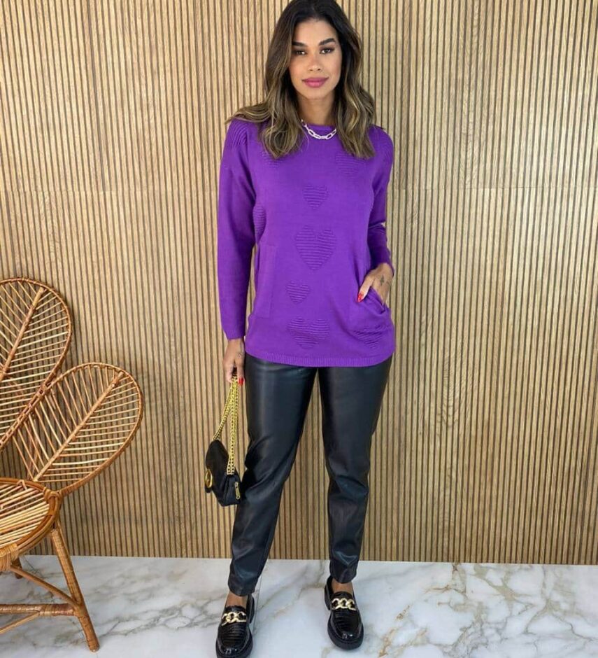 Blusa Manga Longa Feminina Modal Corações com Bolsos Roxa - Fernanda Ramos Store