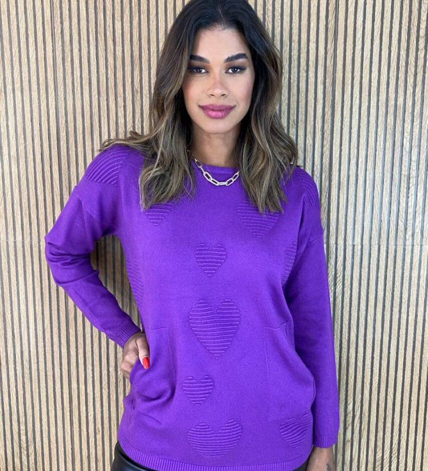 Blusa Manga Longa Feminina Modal Corações com Bolsos Roxa - Fernanda Ramos Store