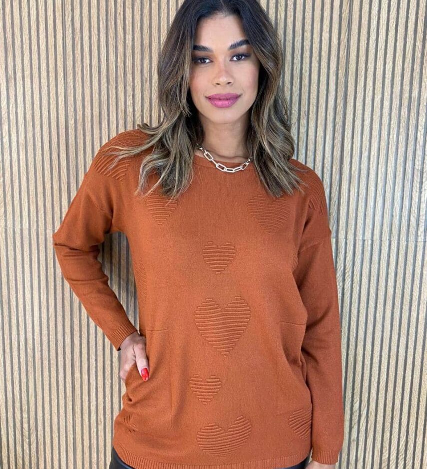 Blusa Manga Longa Feminina Modal Corações com Bolsos Terracota Fernanda Ramos Store