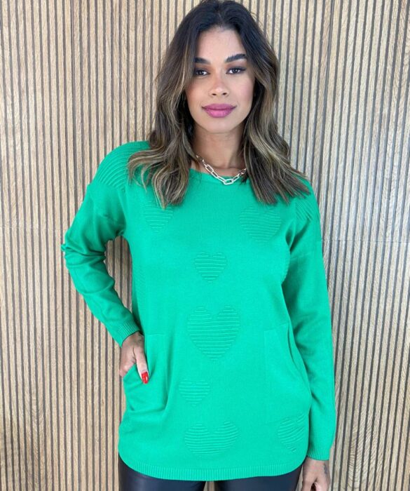 Blusa Manga Longa Feminina Modal Corações com Bolsos Verde Fernanda Ramos Store