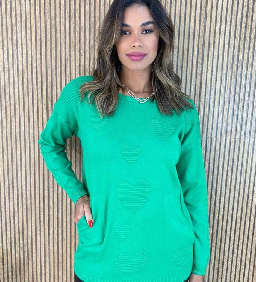 Blusa Manga Longa Feminina Modal Corações com Bolsos Verde Fernanda Ramos Store