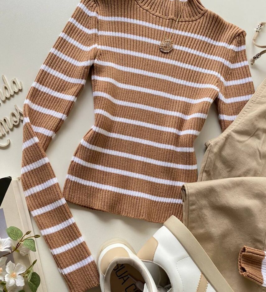 Blusa Manga Longa Feminina Tricot Amanda Listrada Bege - Fernanda Ramos Store