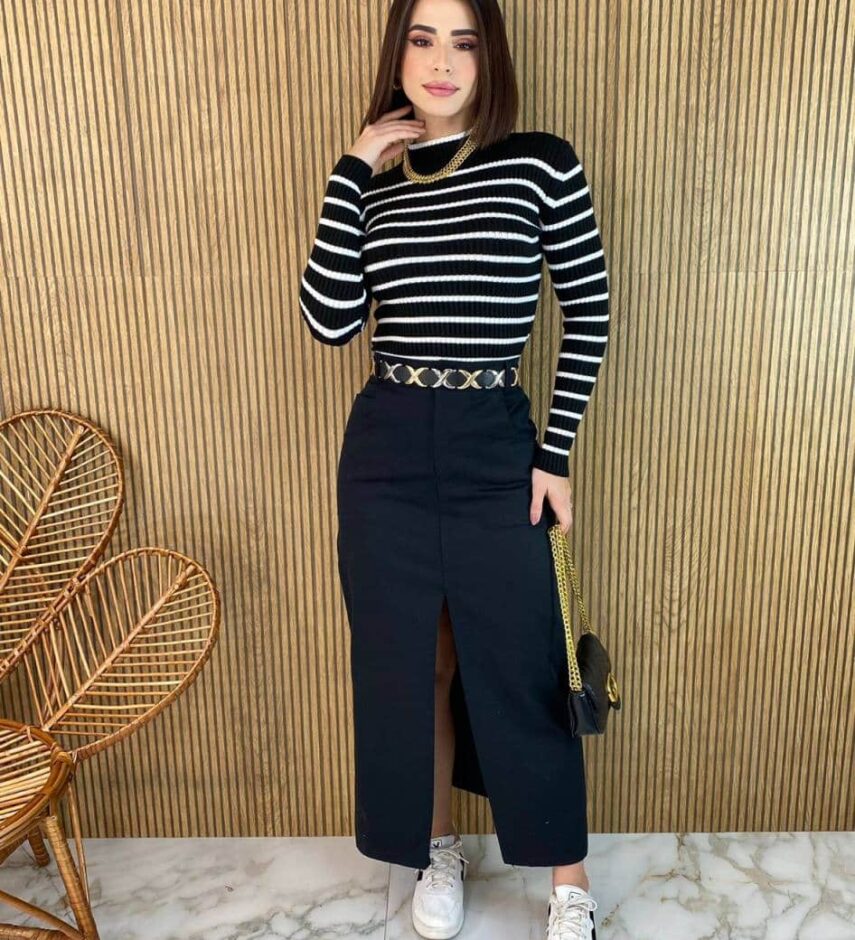 Blusa Manga Longa Feminina Tricot Amanda Listrada Preta - Fernanda Ramos Store