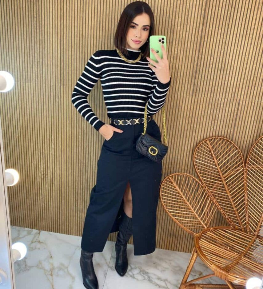 Blusa Manga Longa Feminina Tricot Amanda Listrada Preta - Fernanda Ramos Store