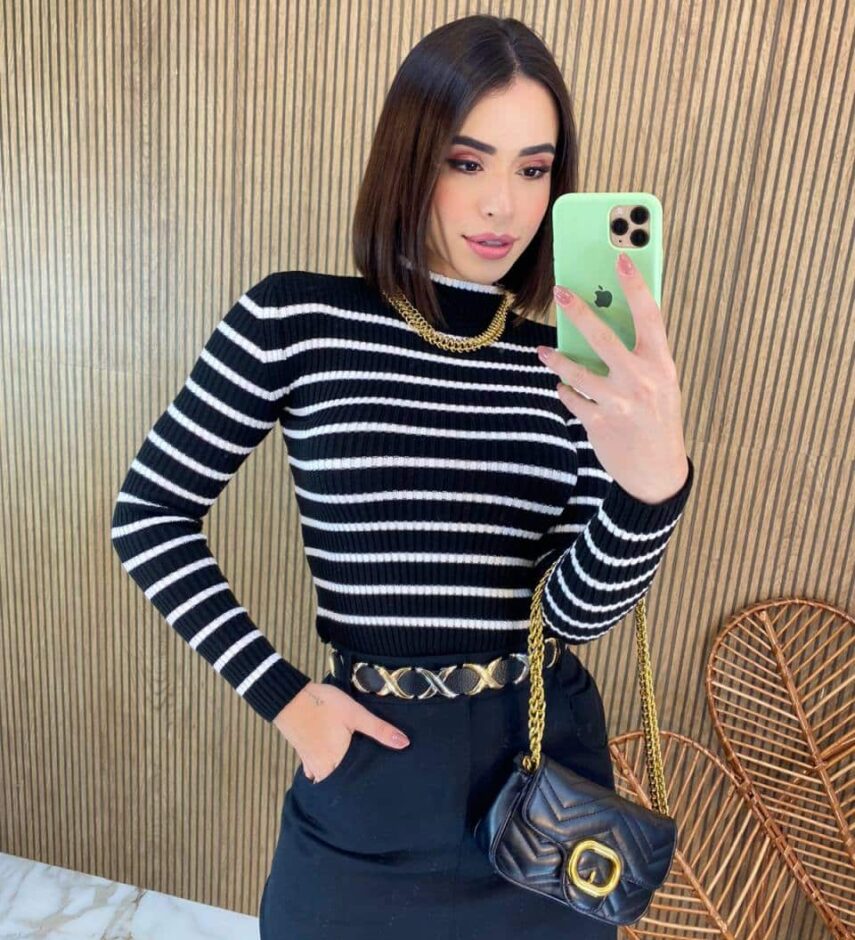 Blusa Manga Longa Feminina Tricot Amanda Listrada Preta - Fernanda Ramos Store
