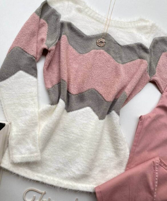 Blusa Manga Longa Feminina Tricot Bia Detalhe Rosa - Fernanda Ramos Store