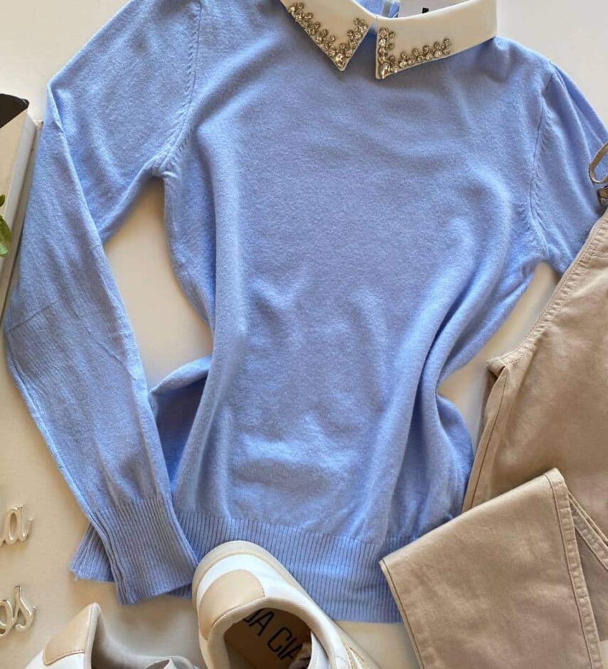 Blusa Manga Longa Modal com Aplicação na Gola Azul - Fernanda Ramos Store