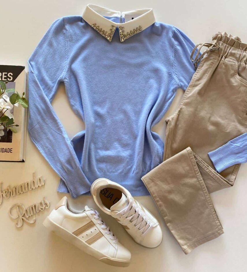 Blusa Manga Longa Modal com Aplicação na Gola Azul - Fernanda Ramos Store