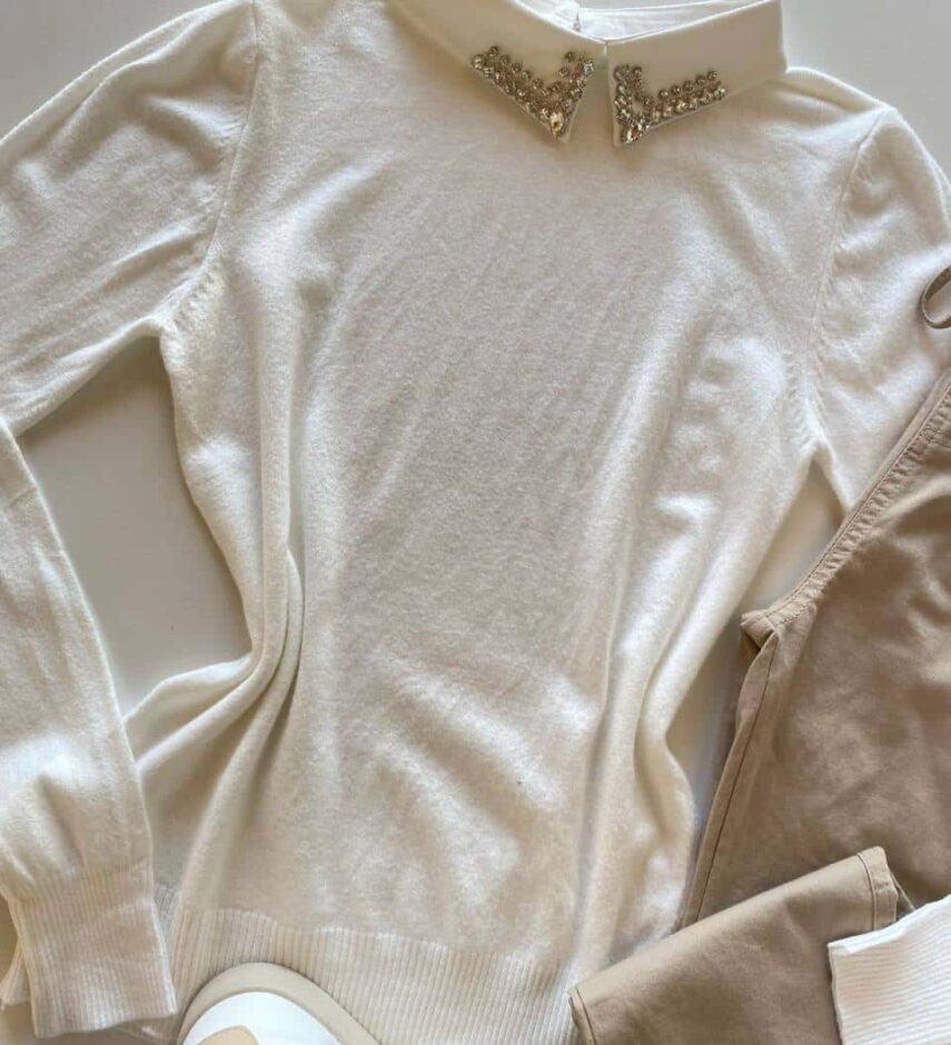 Blusa Manga Longa Modal com Aplicação na Gola Branca - Fernanda Ramos Store