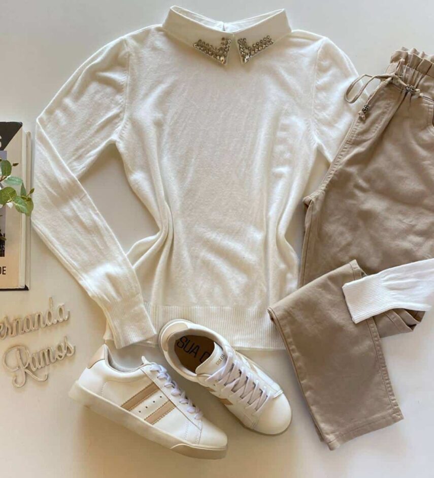 Blusa Manga Longa Modal com Aplicação na Gola Branca - Fernanda Ramos Store