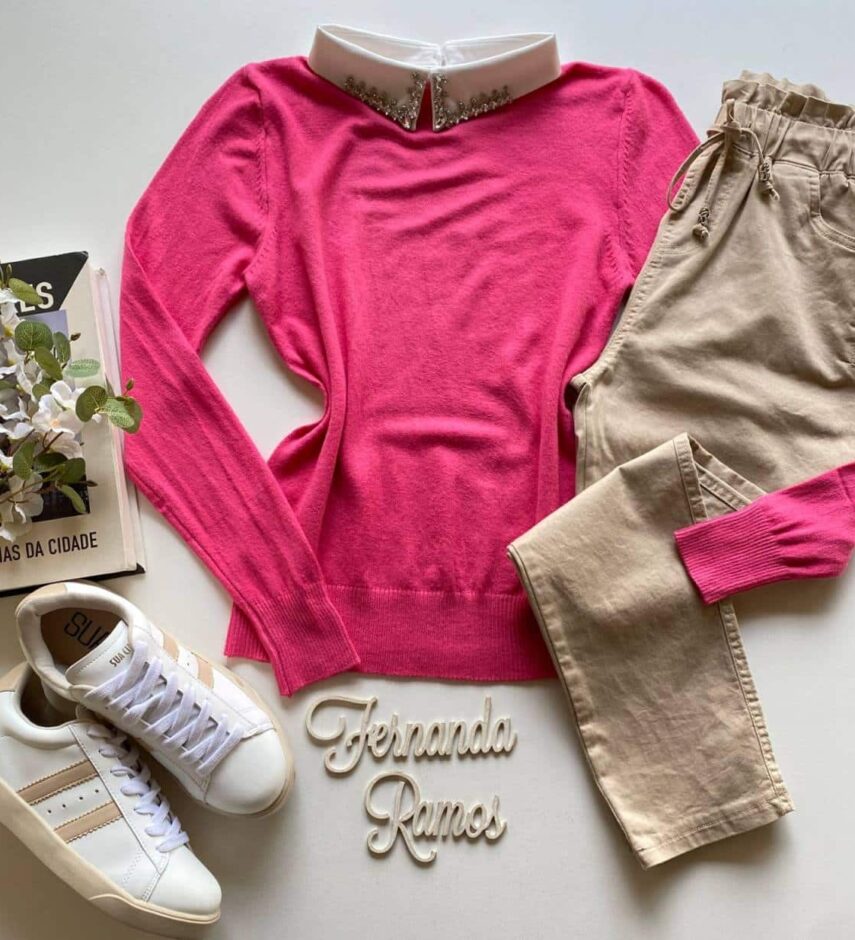 Blusa Manga Longa Modal com Aplicação na Gola Pink - Fernanda Ramos Store