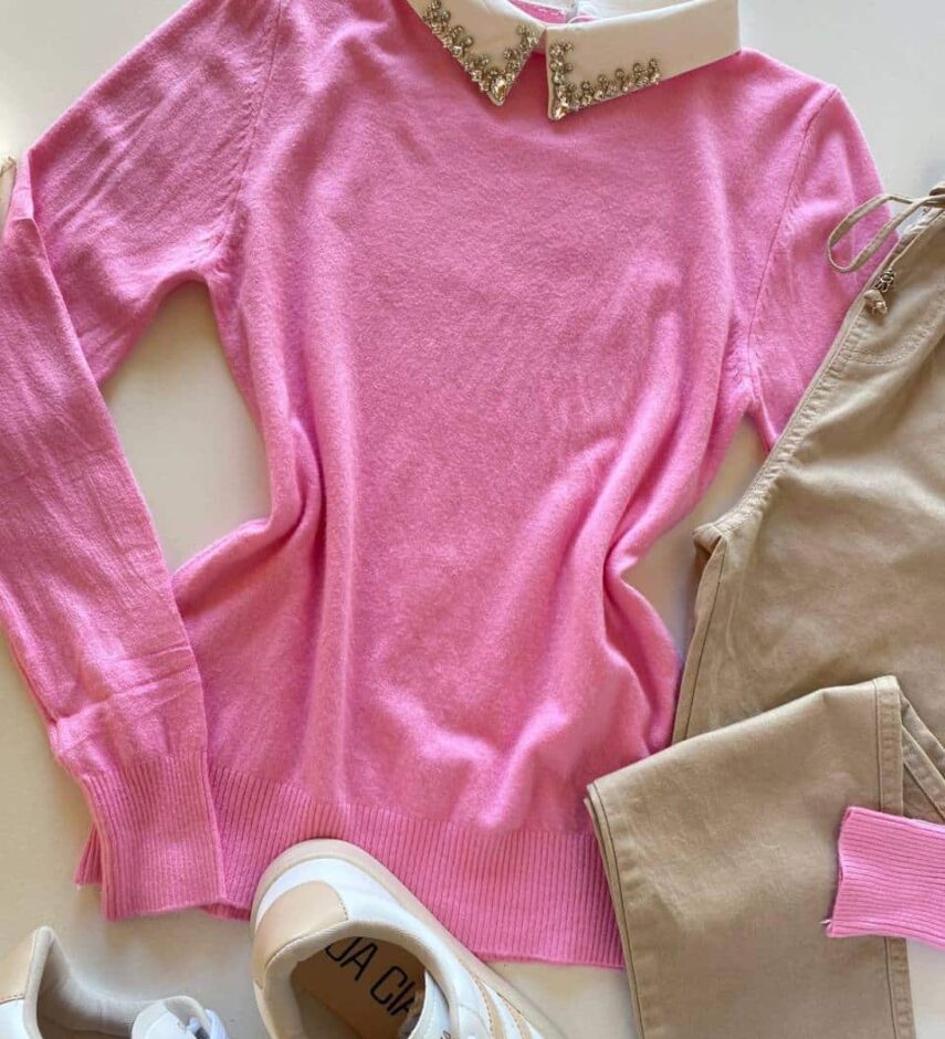 Blusa Manga Longa Modal com Aplicação na Gola Rosa - Fernanda Ramos Store