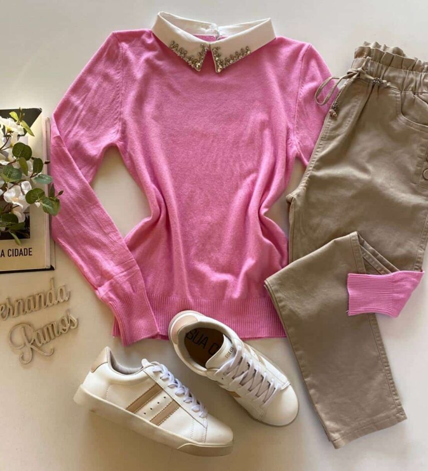 Blusa Manga Longa Modal com Aplicação na Gola Rosa - Fernanda Ramos Store