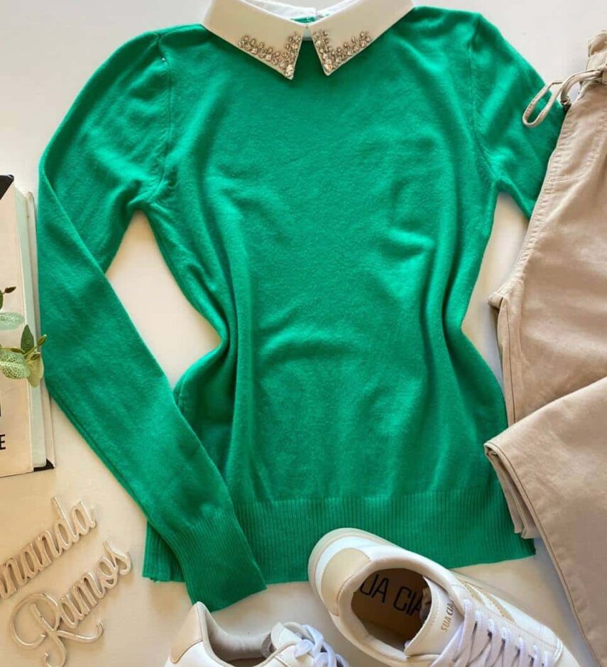 Blusa Manga Longa Modal com Aplicação na Gola Verde - Fernanda Ramos Store