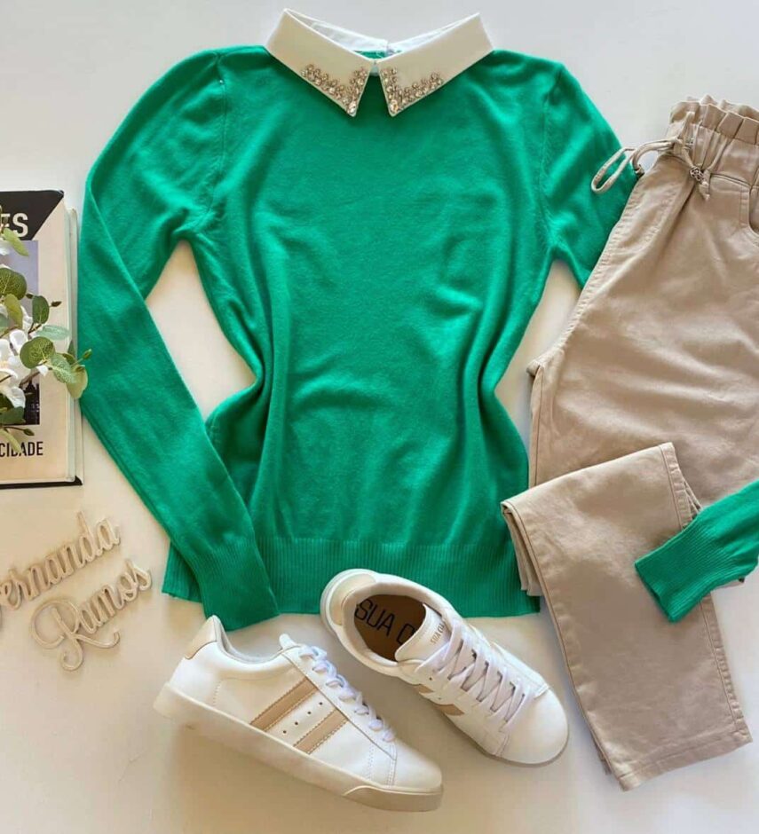 Blusa Manga Longa Modal com Aplicação na Gola Verde - Fernanda Ramos Store