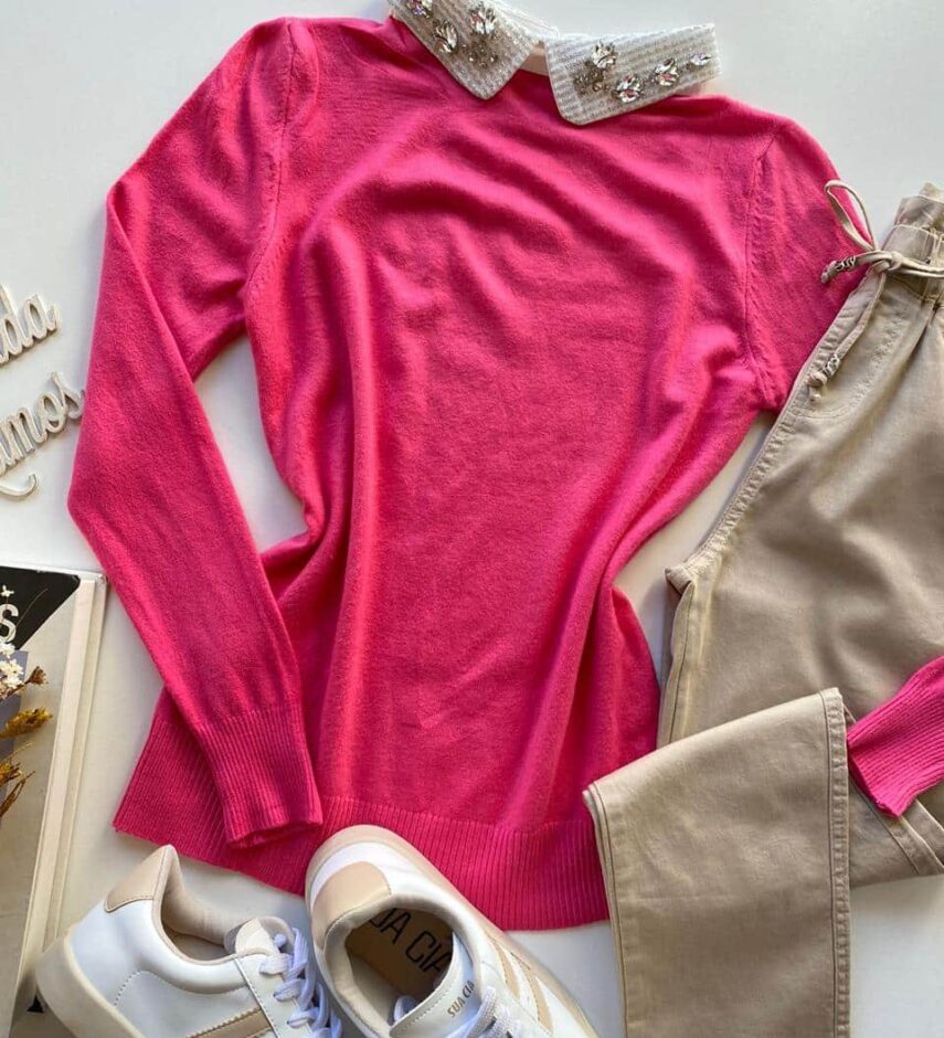Blusa Manga Longa Modal Isis com Aplicação na Gola Pink - Fernanda Ramos Store