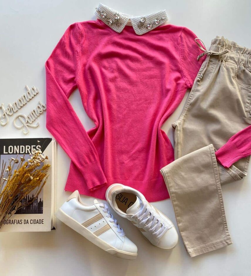 Blusa Manga Longa Modal Isis com Aplicação na Gola Pink - Fernanda Ramos Store