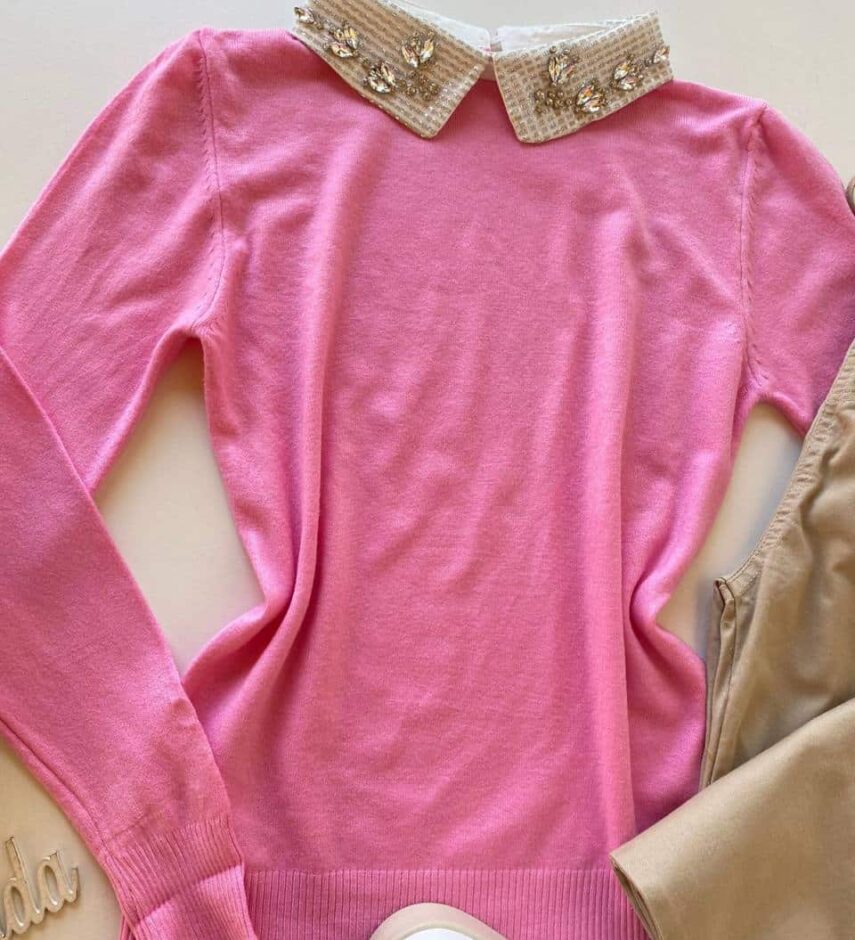 fernandaramosstore com br Blusa Manga Longa Modal Isis com Aplicação na Gola Rosa 1