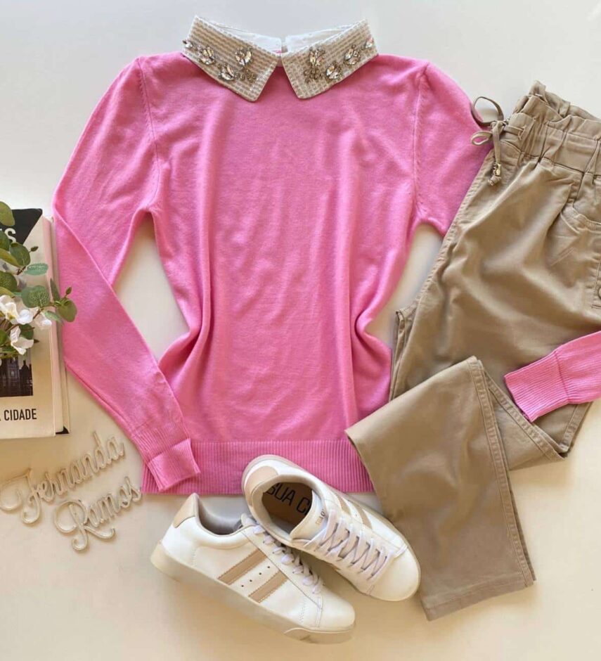 Blusa Manga Longa Modal Isis com Aplicação na Gola Rosa Fernanda Ramos Store
