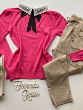 Blusa Modal com Aplicação e Gravatinha Removível Pink Fernanda Ramos Store