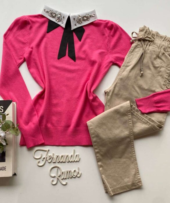 Blusa Modal com Aplicação e Gravatinha Removível Pink Fernanda Ramos Store