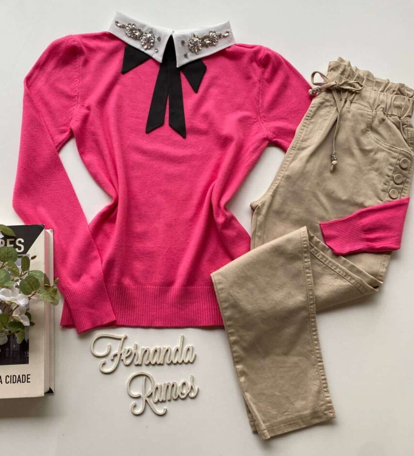 Blusa Modal com Aplicação e Gravatinha Removível Pink Fernanda Ramos Store