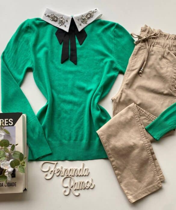 Blusa Modal com Aplicação e Gravatinha Removível Verde Fernanda Ramos Store