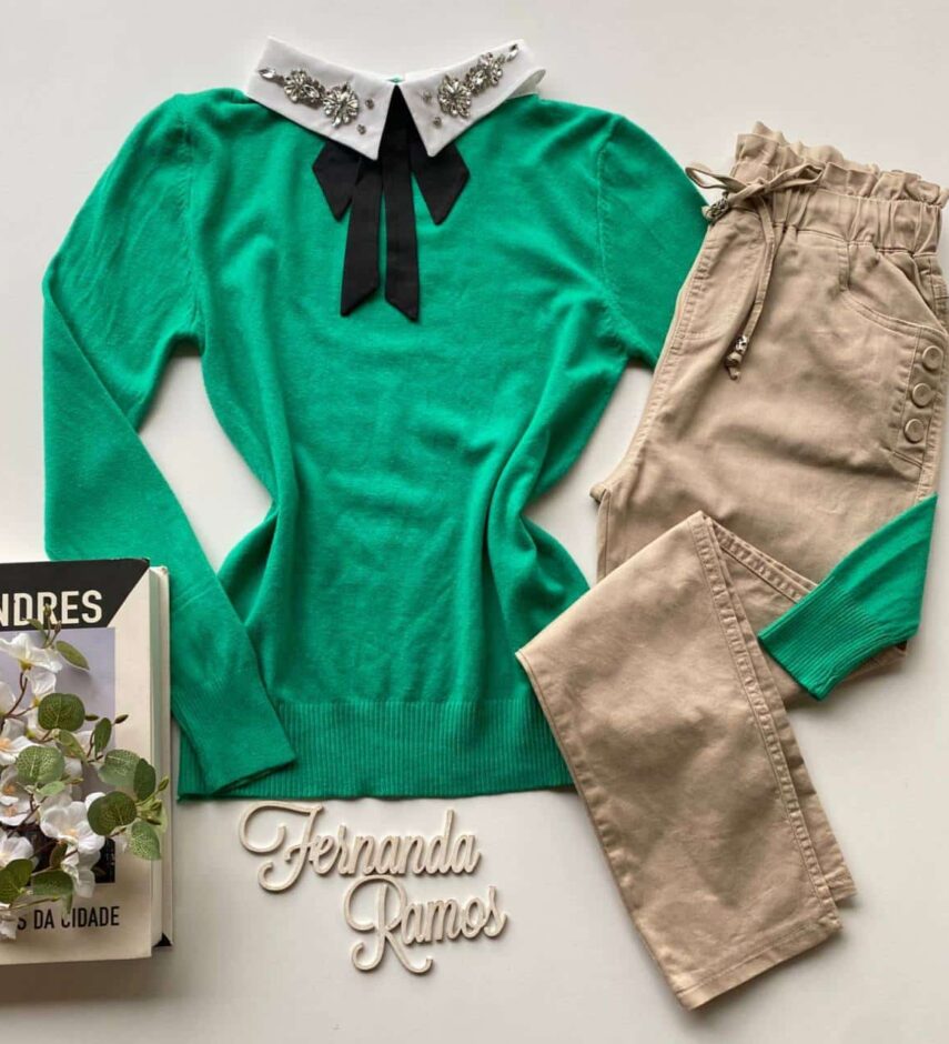 Blusa Modal com Aplicação e Gravatinha Removível Verde Fernanda Ramos Store