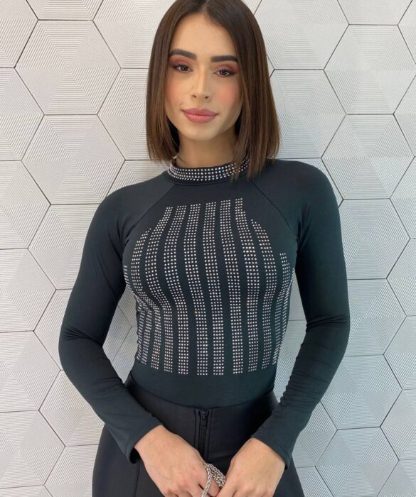 Body Feminino Bia Manga Longa com Aplicações Preto - Fernanda Ramos Store