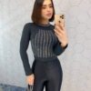 Body Feminino Bia Manga Longa com Aplicações Preto - Fernanda Ramos Store