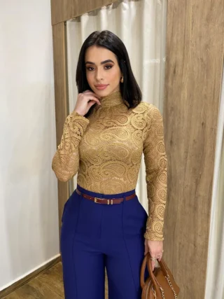 Body Feminino Manga Longa Julia de Renda Dourado - Fernanda Ramos Store