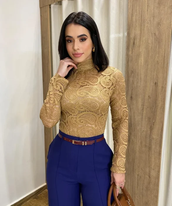 Body Feminino Manga Longa Julia de Renda Dourado - Fernanda Ramos Store