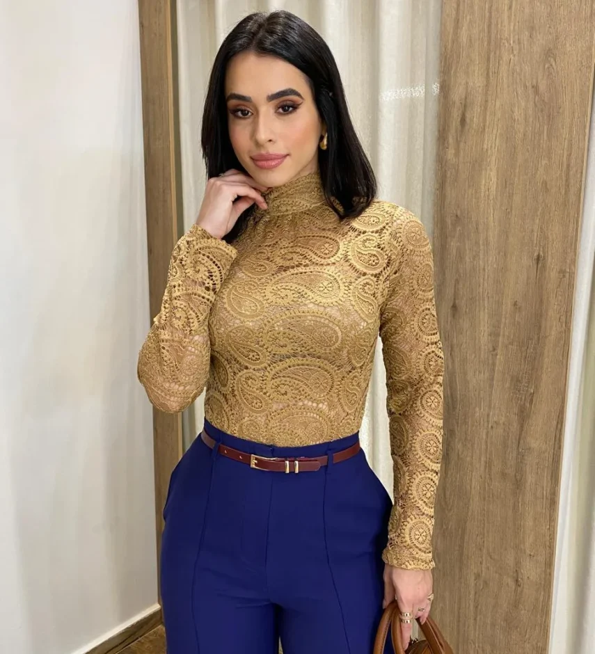 Body Feminino Manga Longa Julia de Renda Dourado - Fernanda Ramos Store
