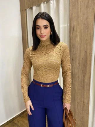 Body Feminino Manga Longa Julia de Renda Dourado - Fernanda Ramos Store