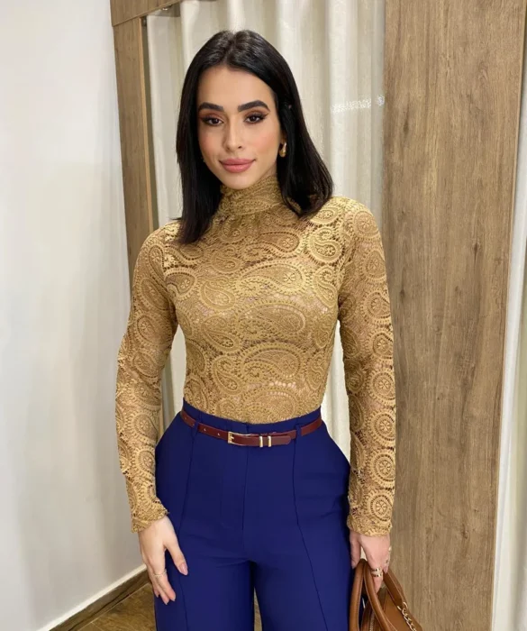 Body Feminino Manga Longa Julia de Renda Dourado - Fernanda Ramos Store