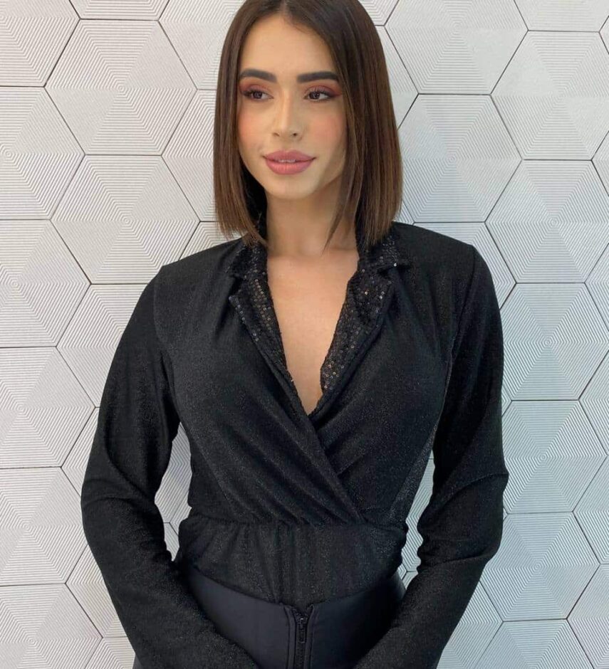 Body Feminino Manga Longa sem Bojo Lurex Detalhe Paetê Fernanda Ramos Store
