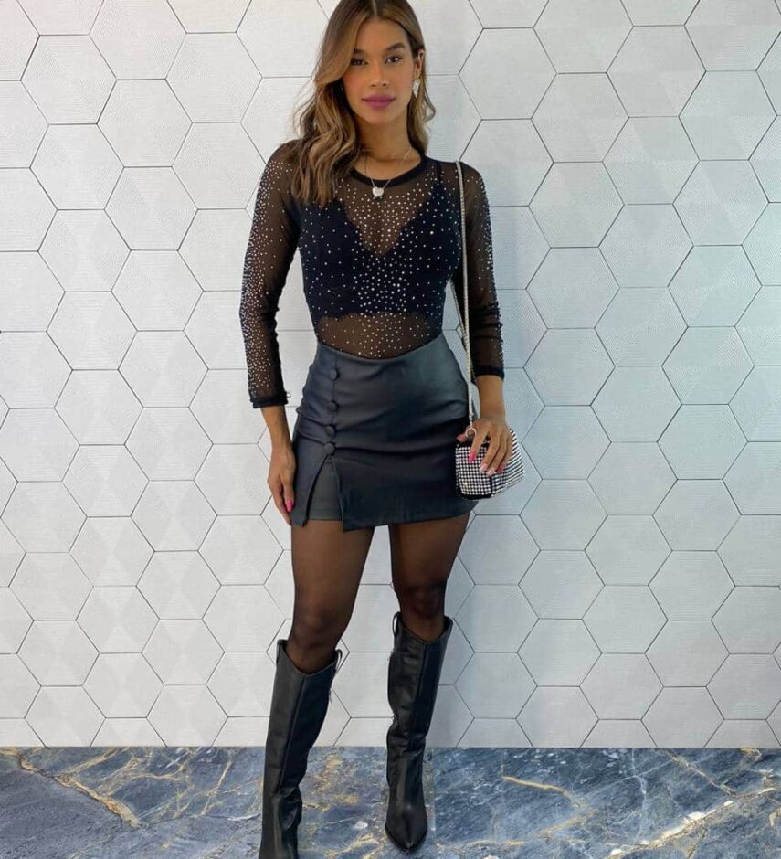 Body Feminino Manga Longa Tule Ana com Aplicações Preto - Fernanda Ramos Store