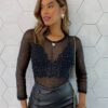 Body Feminino Manga Longa Tule Ana com Aplicações Preto - Fernanda Ramos Store